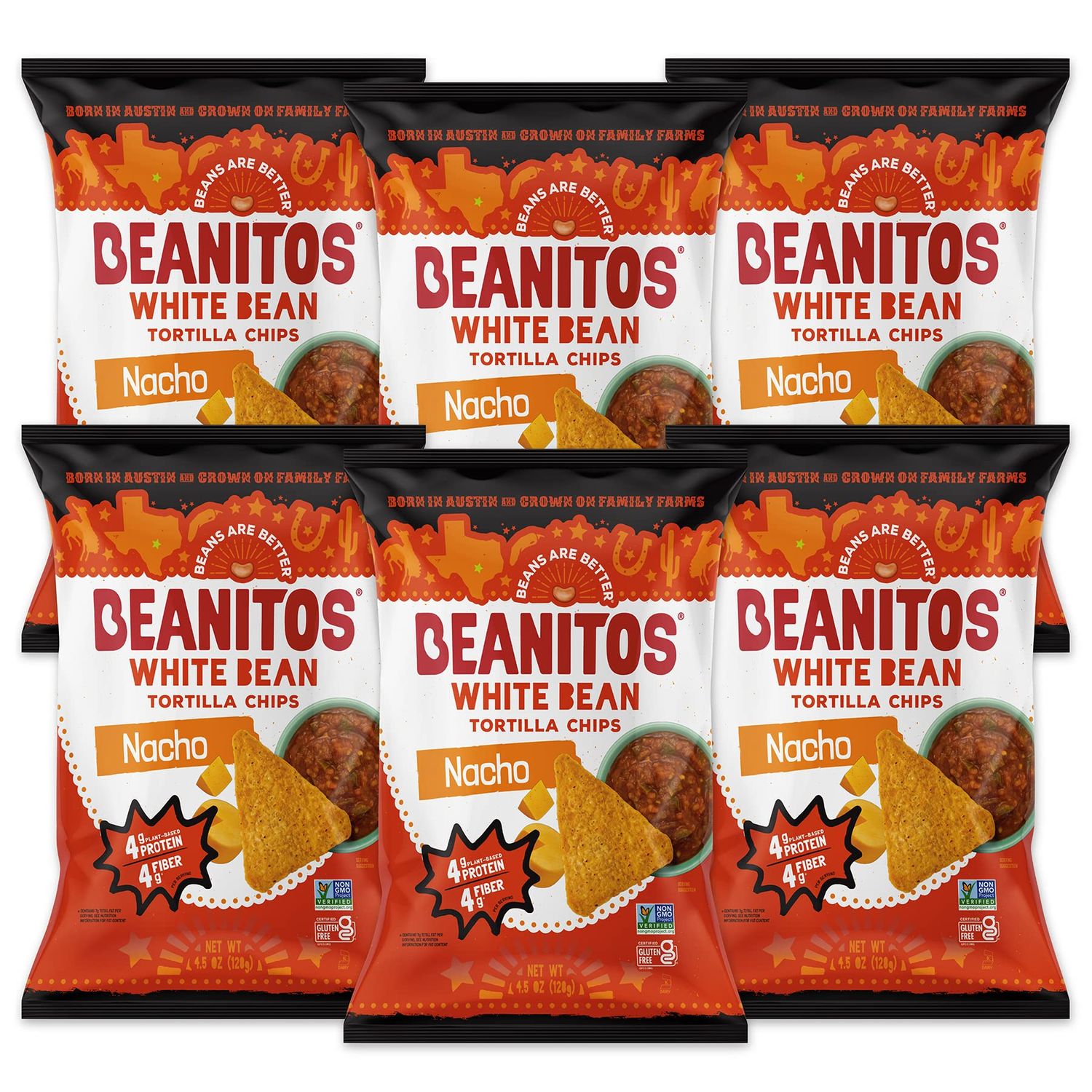 Beanitos White Bean Chips - Nacho Nation - (6 Pack) 4.5 oz Bag - White Bean Tortilla Chips - Vegetarian Snack with Good Source of Plant Protein and Fiber