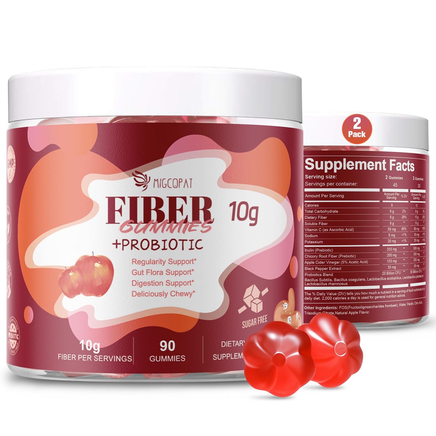 Migcopat Sugar Free Fiber Supplement, 10g Fiber Gummies for Adults, Apple Flavor with Probiotics, Vitamin C, ACV, Inulin, Support Digestive Health, 90 Count (Pack of 2)