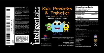 Intelligent Labs 6 Billion CFU KidsChildren's Probiotics with Prebiotics, Sunfiber and FOS, for 10x More Effectiveness, One A Day Great Taste Chewable Probiotic, 60-Day Supply, Third-Party Verified