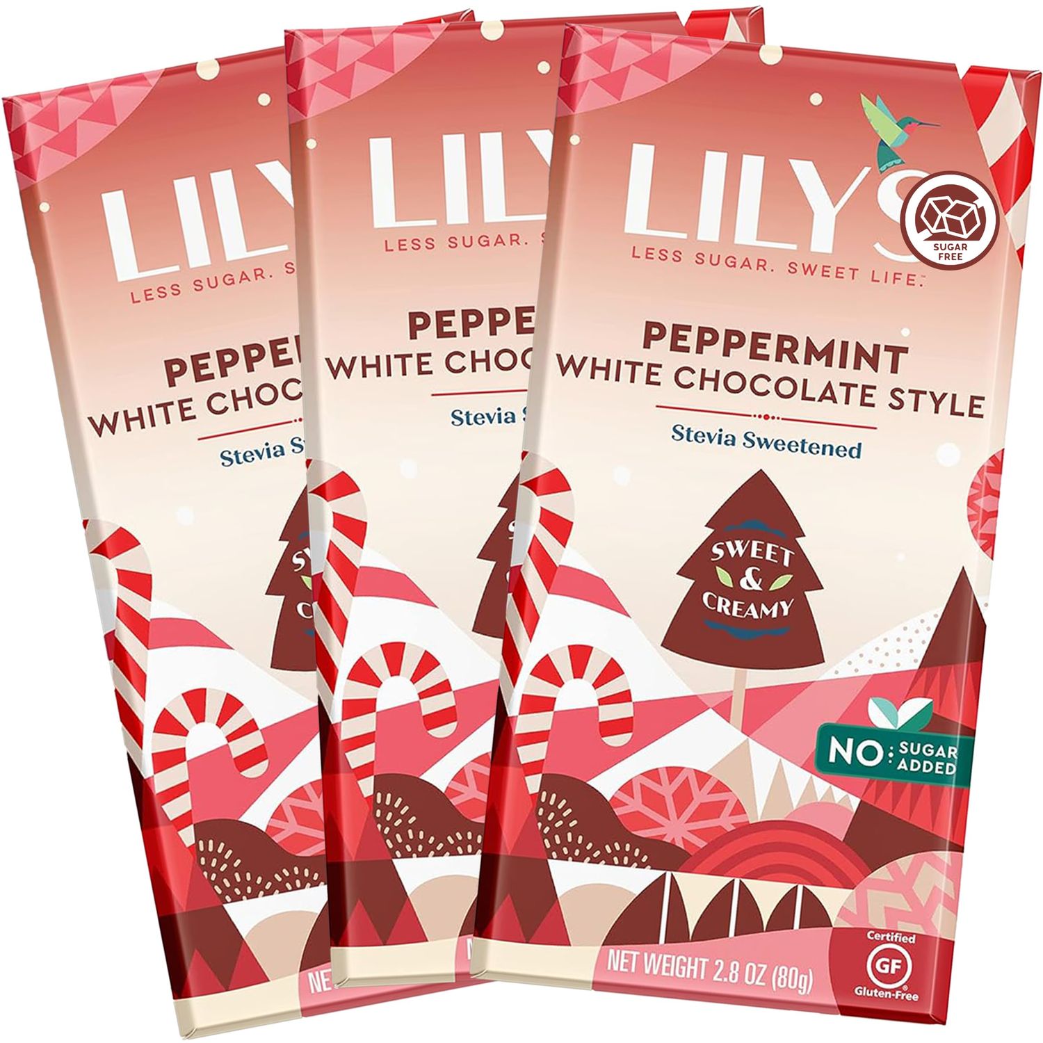 Lily Sugar Free Candy Chocolate Bars, No Sugar Added, Pack of 3, Lily Peppermint White Chocolate Style, Sugar Free Full Size Chocolate Bars, Gluten-Free, Stevia Sweetened