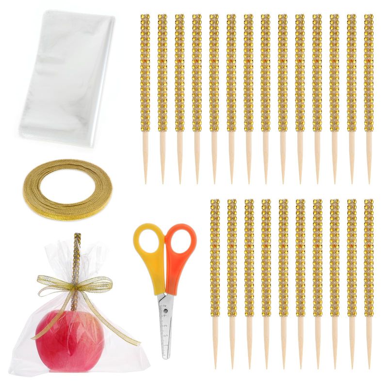 24 Pcs Glitter Candy Apple Sticks and Bags, Gold Caramel Apples Kit Including Caramel Apples Stick, Ribbon, Small Scissors and Chocolate Apple Bag for Treats Cookie Cake Pops Corn DogsParty Favor