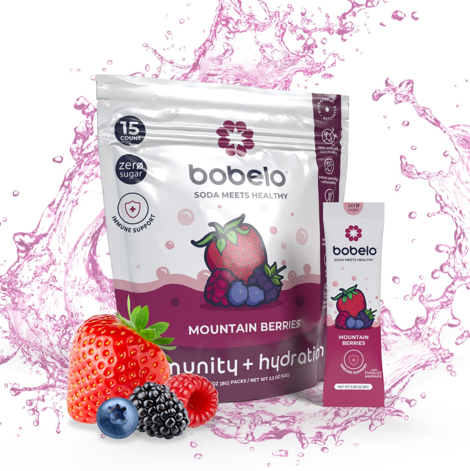 Bobelo Smooth Hydrating Bubbles - Hydration Powder with Balanced Electrolyte - Sugar Free Powdered Drink Mix - Vitamin C D, Low Calories, Keto Friendly - Mountain Berries - 15 Counts
