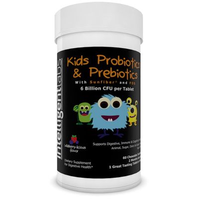 Intelligent Labs 6 Billion CFU KidsChildren&#39;s Probiotics with Prebiotics, Sunfiber and FOS, for 10x More Effectiveness, One A Day Great Taste Chewable Probiotic, 60-Day Supply, Third-Party Verified