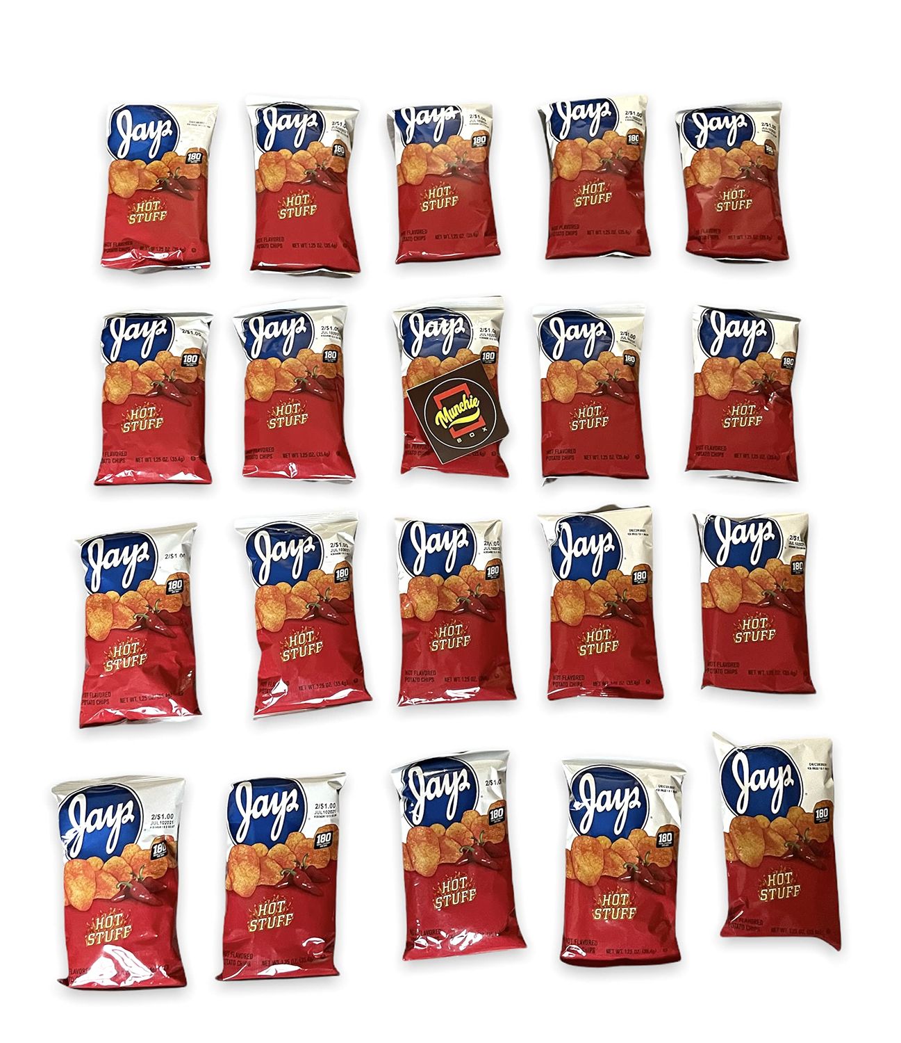 Munchie Box Jay&#39;s Hot Stuff Potato Chips an Iconic Chicago Style taste (Pack of ( 20 ) 1.25 Oz Bags)