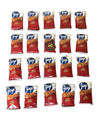 Munchie Box Jay&#39;s Hot Stuff Potato Chips an Iconic Chicago Style taste (Pack of ( 20 ) 1.25 Oz Bags)