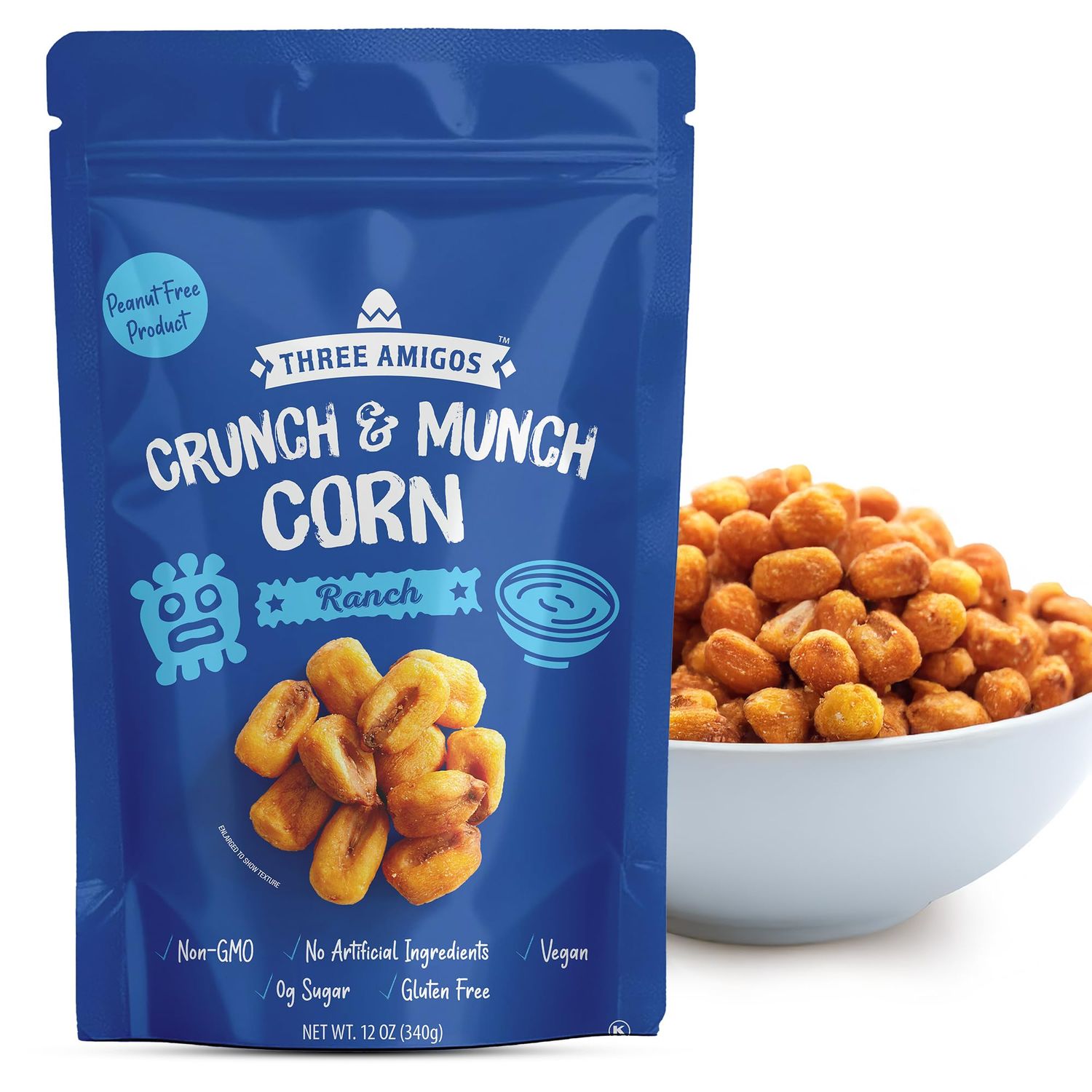 Three Amigos Corn Nuts Suger Free, 100 Vagan, Peanut Free Non-GMO (All Natural Ingredients) Guilt-Free snacking Toasted Corn Kernels in Reseable Bag - Crunchy Munch Snack (12 OZ) (12 oz, Ranch)