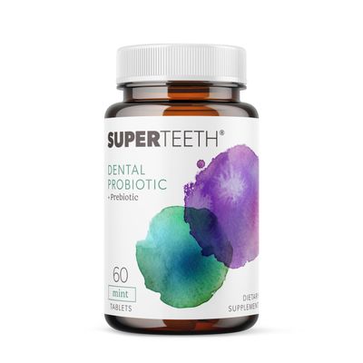 SuperTeeth Chewable Dental Probiotic for Adults Kids Support Healthy Teeth Gums Oral Health Fights Bad Breath BLIS M18 60 Mint Flavored Tablets Fluoride Sugar Free Vegan Supplement
