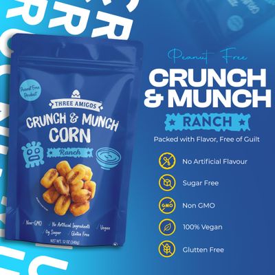 Three Amigos Corn Nuts Suger Free, 100 Vagan, Peanut Free Non-GMO (All Natural Ingredients) Guilt-Free snacking Toasted Corn Kernels in Reseable Bag - Crunchy Munch Snack (12 OZ) (12 oz, Ranch)