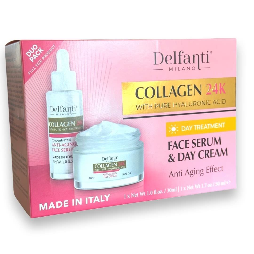 Delfanti COLLAGEN 24K with pure HYALURONIC Acid DAY TREATMENT FULL SIZE DUO PACK Concentrated Anti-Aging Serum and Day Cream for Face and Neck Made in Italy