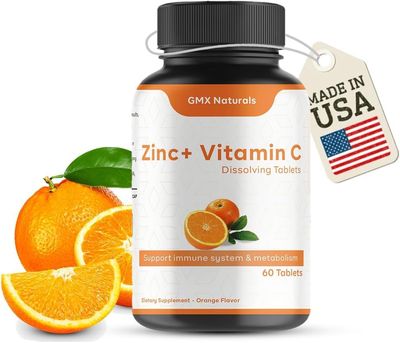 GMX Naturals Vitamin C and Zinc (60 Tablets) Organic Immune Support Vitamins for Adults Fast Dissolving Tablets Orange Flavour Improve Metabolism Dietary Supplement 2 Month Supply