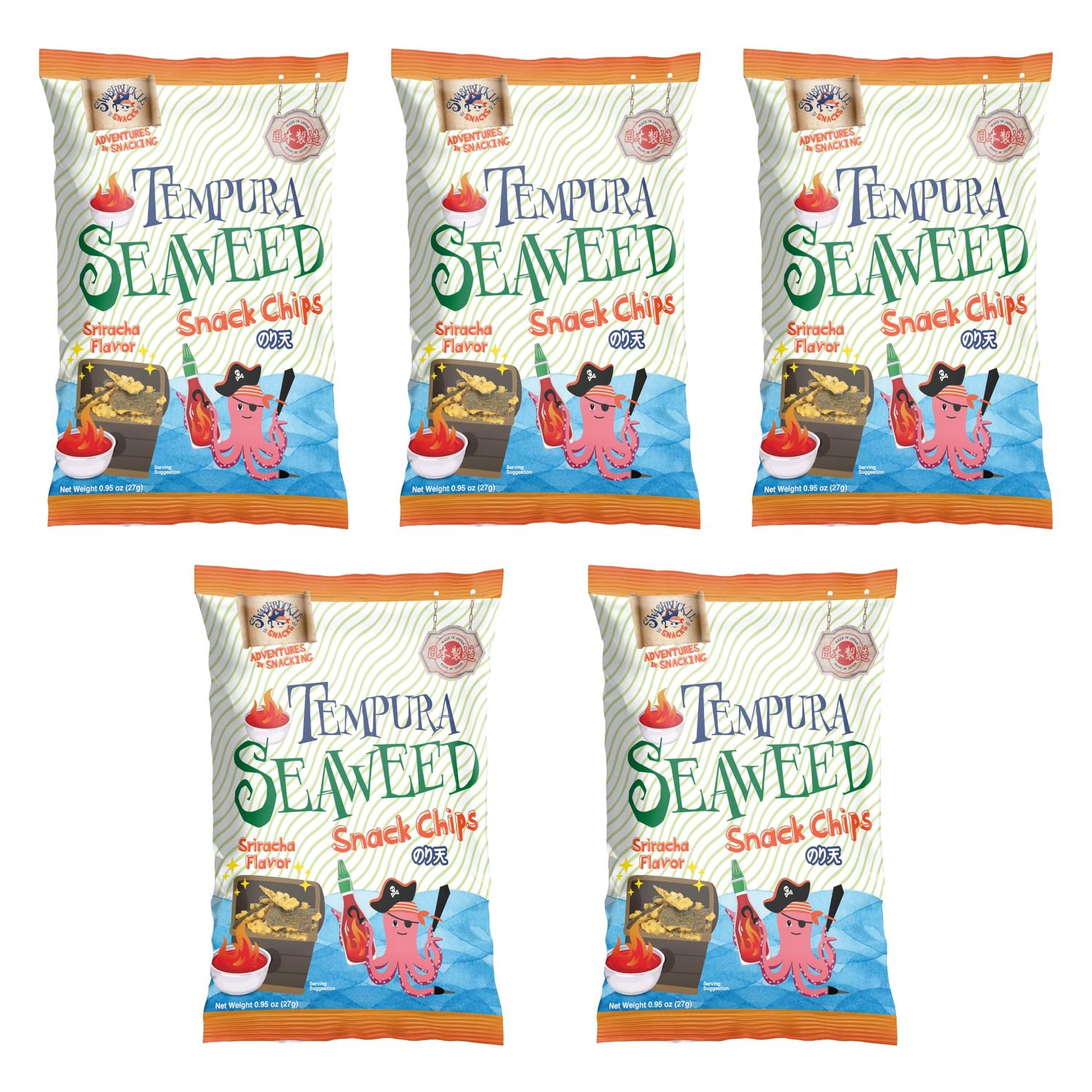 Japanese Tempura Seaweed Chips - Sriracha Flavor 0.95oz x 5 Pack Made in Japan by Swashbuckle Snacks