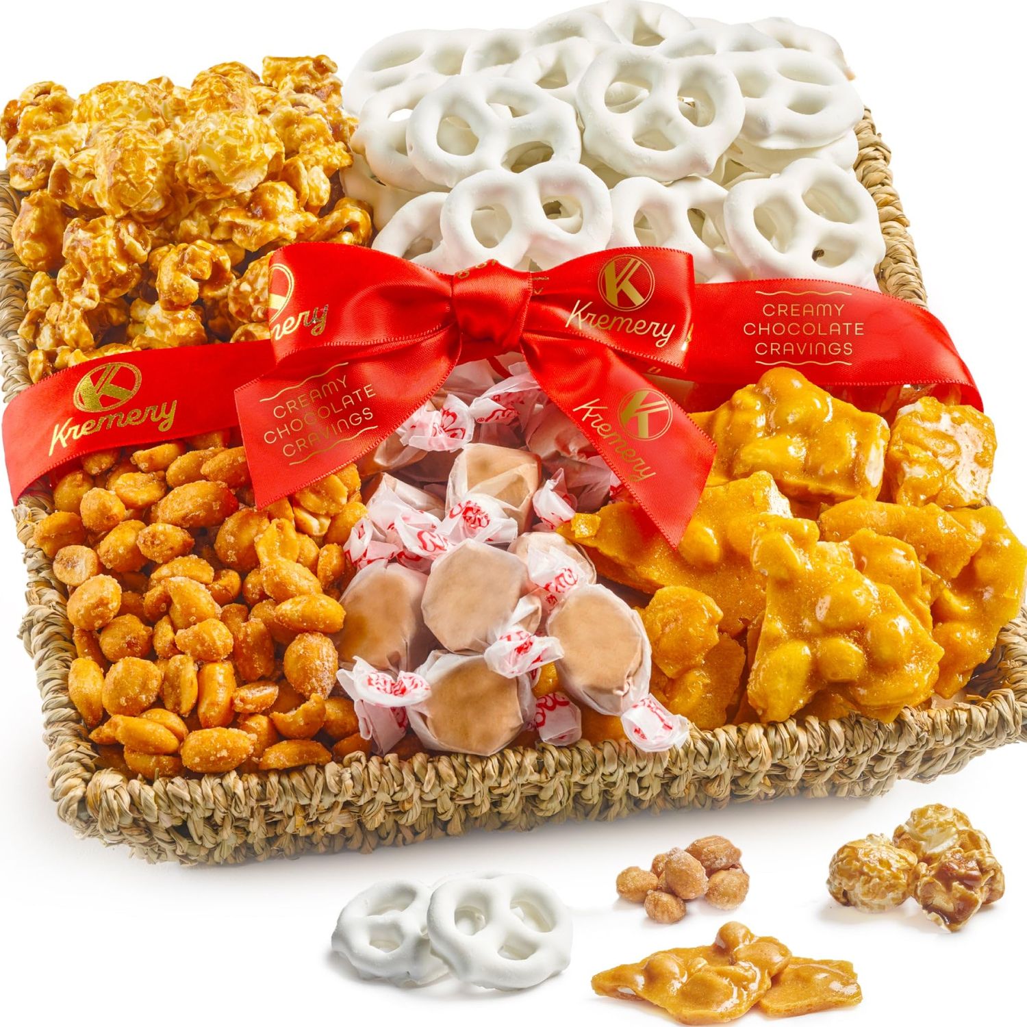 KREMERY Creamy Chocolate Cravings - Mothers Day, Chocolate Covered Pretzels Caramel Popcorn Gift Basket, in Seagrass Tray Ribbon (Classic, 1.5 lbs) Birthday Care Package - Kosher Dairy, USA Made