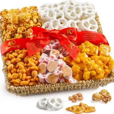 KREMERY Creamy Chocolate Cravings - Mothers Day, Chocolate Covered Pretzels Caramel Popcorn Gift Basket, in Seagrass Tray Ribbon (Classic, 1.5 lbs) Birthday Care Package - Kosher Dairy, USA Made