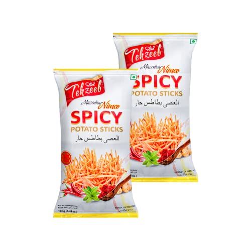 Tehzeeb Spicy Potato Sticks 180g (6.34 oz) - Crunchy Fried Potato Sticks with Spicy Herbs - Halal, Vegan and GMO Free - Fresh and Crispy - Suitable for Vegetarians - Pack of 2