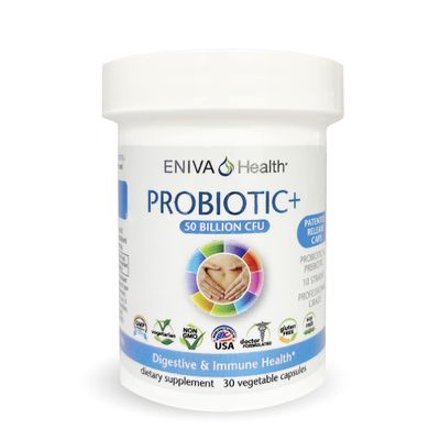 Eniva Health Probiotic with Prebiotic 10 Strains 50 Billion CFUs Per Capsule 30 Capsules Per Bottle Doctor Formulated Patented Release Capsules No fillers
