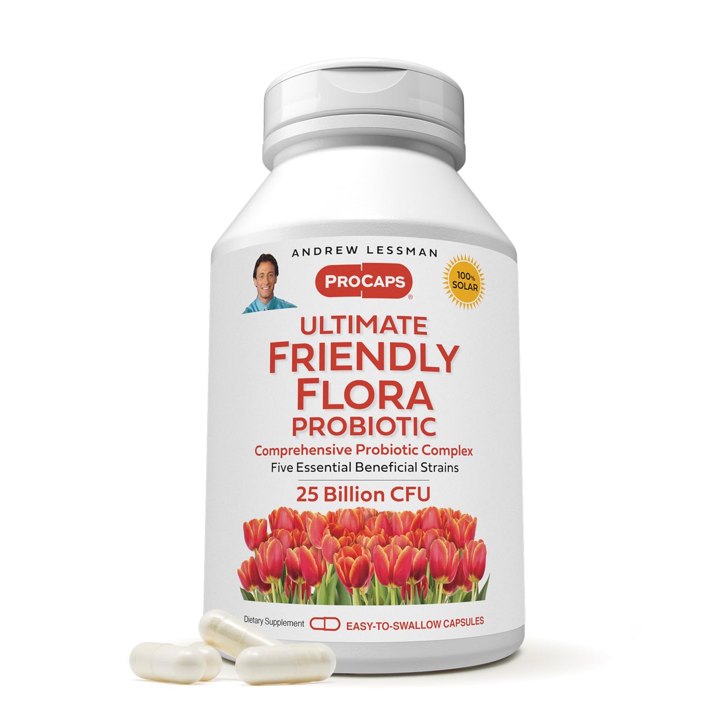 ANDREW LESSMAN Ultimate Friendly Flora Probiotic 120 Capsules - 25 Billion CFU, Comprehensive Blend of Five Probiotic Strains, Powerful Immune and Digestive Support. Probiotics for Women or Men