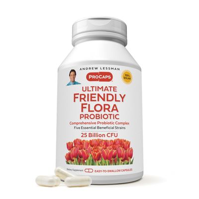 ANDREW LESSMAN Ultimate Friendly Flora Probiotic 120 Capsules - 25 Billion CFU, Comprehensive Blend of Five Probiotic Strains, Powerful Immune and Digestive Support. Probiotics for Women or Men