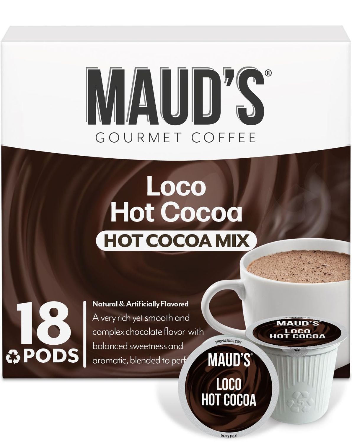 Maud&#39;s Dark Hot Chocolate Pods, 18 ct, Recyclable Single Serve Pods, Compatible with Keurig K Cups Maker