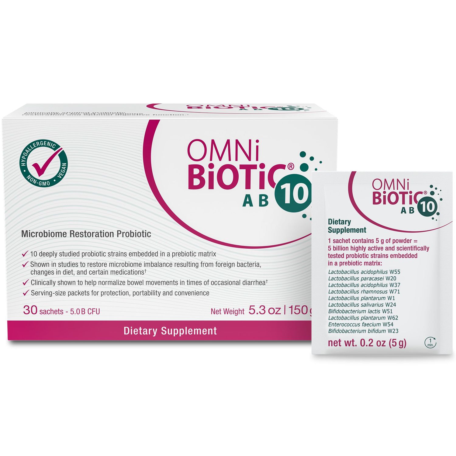 OMNi BiOTiC AB 10 - Clinically Tested Restorative Probiotic - Supports Restores Gut Flora Digestion - Digestive Probiotic for Diarrhea - Vegan, Hypoallergenic, Non-GMO (30 Daily Packets)
