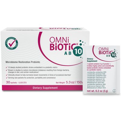OMNi BiOTiC AB 10 - Clinically Tested Restorative Probiotic - Supports Restores Gut Flora Digestion - Digestive Probiotic for Diarrhea - Vegan, Hypoallergenic, Non-GMO (30 Daily Packets)