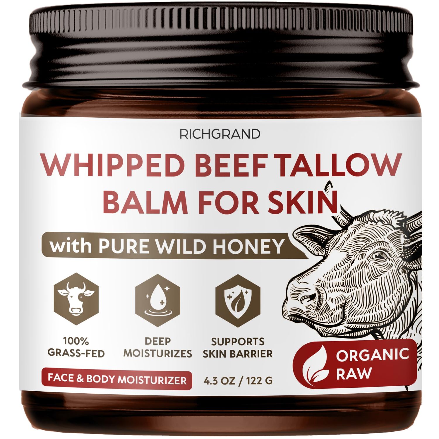 RICHGRAND Beef Tallow for Skin - Whipped Grass-Fed Moisturizer with Wild Honey Beeswax, Natural Face Body Care, Deep Hydration, Anti-Aging, Sensitive Skin Safe, 100 Organic Balm