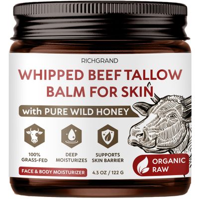 RICHGRAND Beef Tallow for Skin - Whipped Grass-Fed Moisturizer with Wild Honey Beeswax, Natural Face Body Care, Deep Hydration, Anti-Aging, Sensitive Skin Safe, 100 Organic Balm