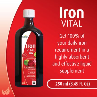 H bner Iron Vital Liquid Iron Supply Plus Vitamin C, Dietary Supplement for Adults and Kids, Vegan and Gluten-Free, Fruit Flavor, 250 ml Bottle, 25 Servings