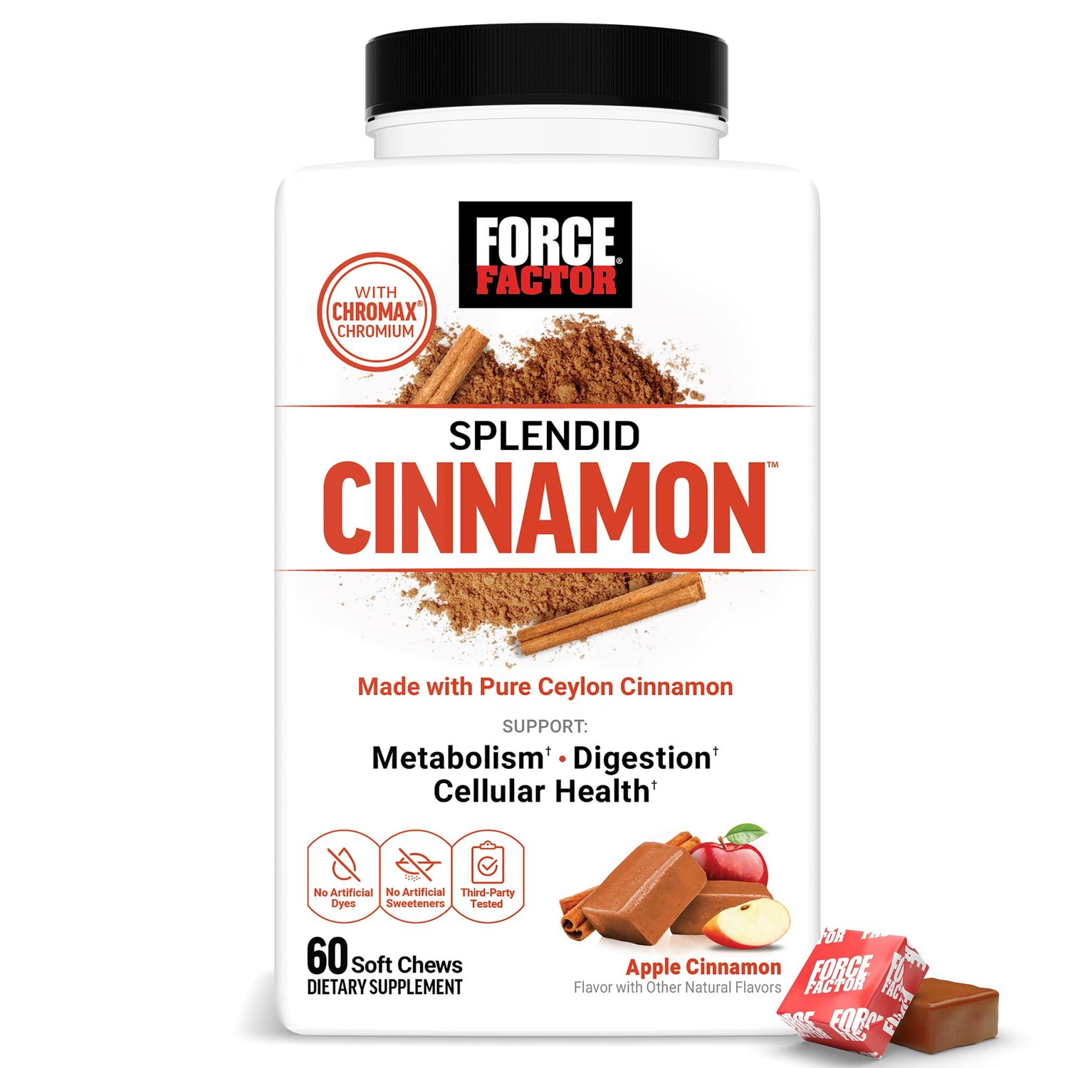 FORCE FACTOR Splendid Cinnamon, Ceylon Cinnamon with Chromax Chromium for Metabolism Antioxidant Support, Apple Cinnamon, 60 Soft Chews