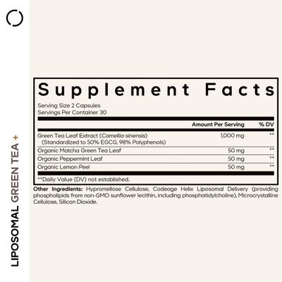 Codeage Liposomal Green Tea EGCG 50 Green Tea Extract, Organic Matcha Green Tea Powder, Peppermint Leaf, Lemon Peel, Liposomal Delivery - Vegan Pils Supplement - Non-GMO - 60 Capsules