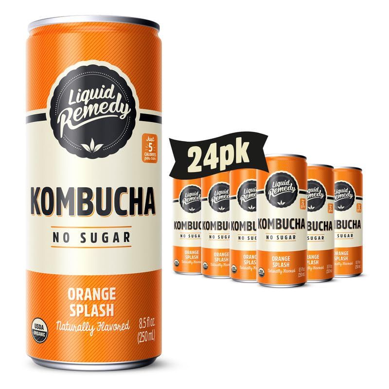Liquid Remedy Kombucha Sugar Free Organic Drink, Low Calorie, Probiotic Like Tea for Gut Health - Orange Splash - 8.5 Fl Oz Can, 24-Pack