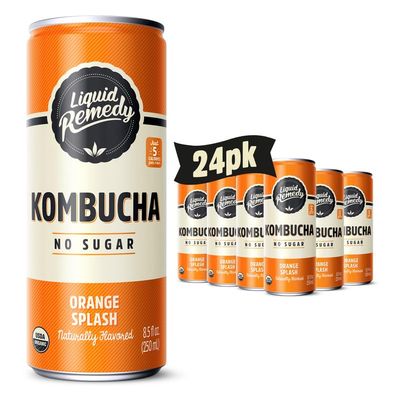 Liquid Remedy Kombucha Sugar Free Organic Drink, Low Calorie, Probiotic Like Tea for Gut Health - Orange Splash - 8.5 Fl Oz Can, 24-Pack
