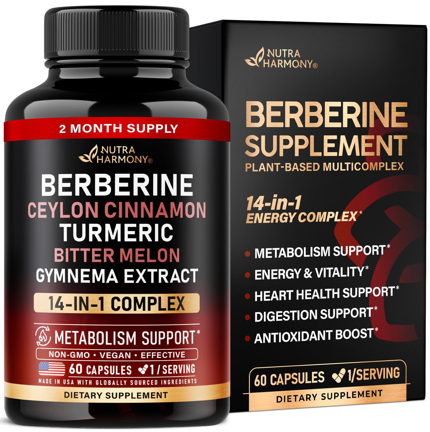 Berberine with Ceylon Cinnamon Gymnema Extract Apple Cider Vinegar Hawthorn Berry Citrus Bergamot Bitter Melon - 14-in-1 Supplement for Heart Support, Metabolism Energy - Vegan 60 Capsules