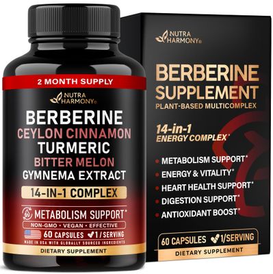 Berberine with Ceylon Cinnamon Gymnema Extract Apple Cider Vinegar Hawthorn Berry Citrus Bergamot Bitter Melon - 14-in-1 Supplement for Heart Support, Metabolism Energy - Vegan 60 Capsules