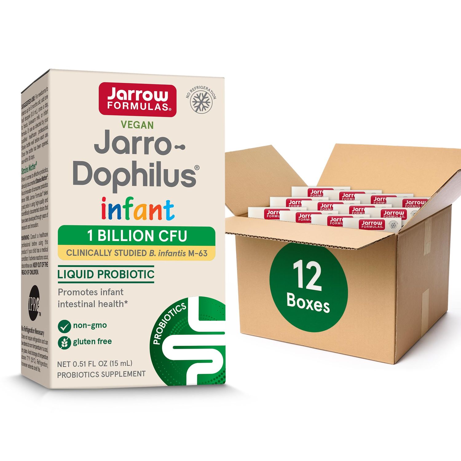 Jarrow Formulas Jarro-Dophilus Infant Liquid Probiotic, Dietary Supplement, Intestinal Health Support for Infants, 1 Billion CFU Per Serving, 0.51 Fl Oz, 30 Day Supply, (Pack of 12)