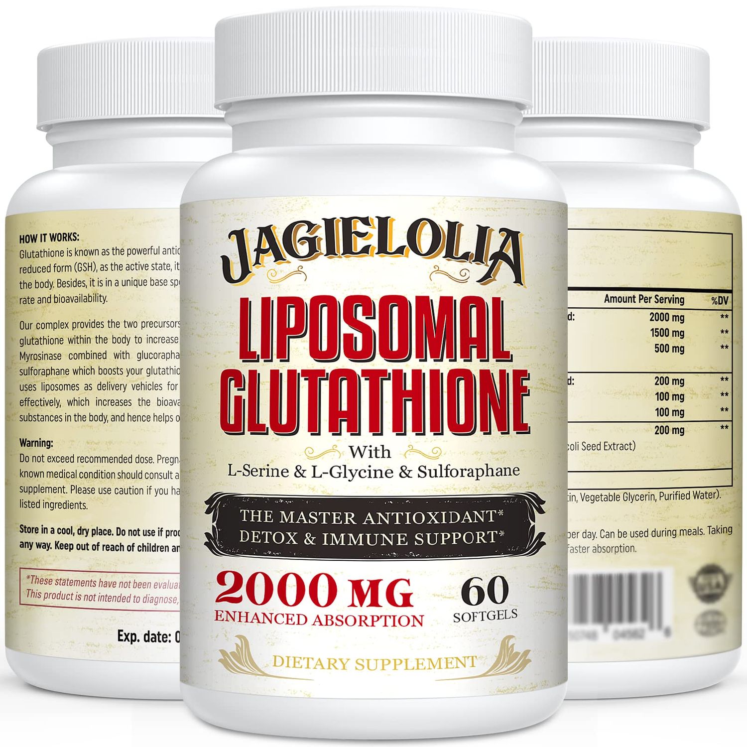 Liposomal Glutathione 2000 mg with L-Serine, L-Glycine Sulforaphane - Active L-Glutathione Unique Formulation to Enhance Absorption - Master Antioxidant, Detoxifying Immune 180 Softgels