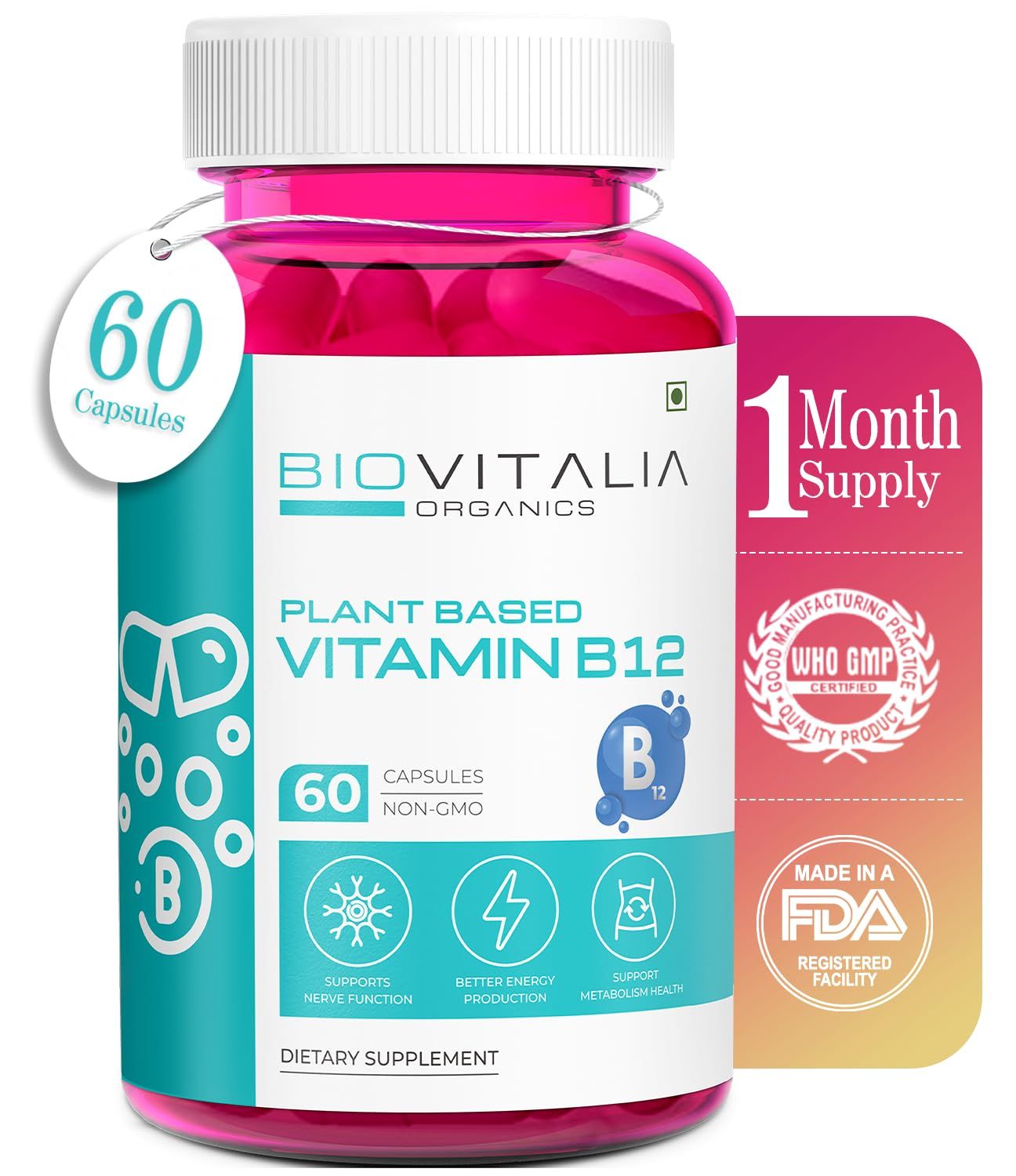 BIOVITALIA Vitamin B12 Capsules Methyl Cobalamin Supplement 1000mg Plant-Based Capsules - Support Nerve Function Metabolism Enriched with Wheat Grass Spirulina Beetroot - 60 Vegan Caps