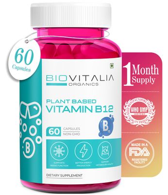 BIOVITALIA Vitamin B12 Capsules Methyl Cobalamin Supplement 1000mg Plant-Based Capsules - Support Nerve Function Metabolism Enriched with Wheat Grass Spirulina Beetroot - 60 Vegan Caps