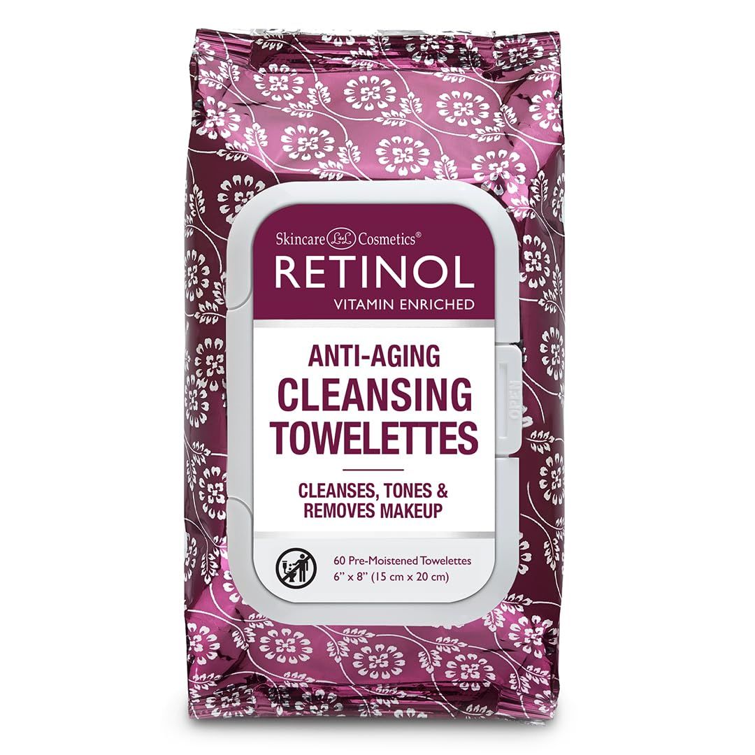 Retinol Anti-Aging Cleansing Towelettes - All-in-One Cleanser, Toner Makeup Remover in a Convenient Pre-Moistened Wipe - On-The-Go Exfoliating, Toning Hydrating Leaves Skin Clean, Fresh Refined