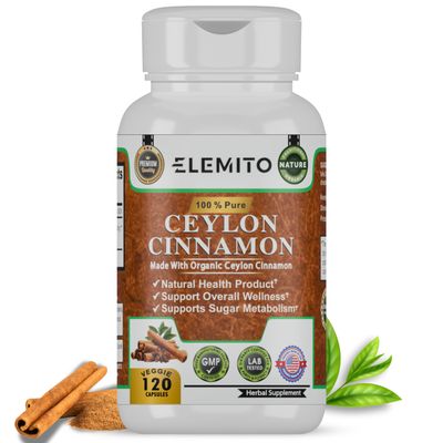 ELEMITO Ceylon Cinnamon Capsules, Energy, Heart Metabolism Support, Certified Organic Ceylon Cinnamon Pills, Non-GMO, Vegan, Gluten-Free - 60 Capsules