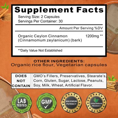 ELEMITO Ceylon Cinnamon Capsules, Energy, Heart Metabolism Support, Certified Organic Ceylon Cinnamon Pills, Non-GMO, Vegan, Gluten-Free - 60 Capsules