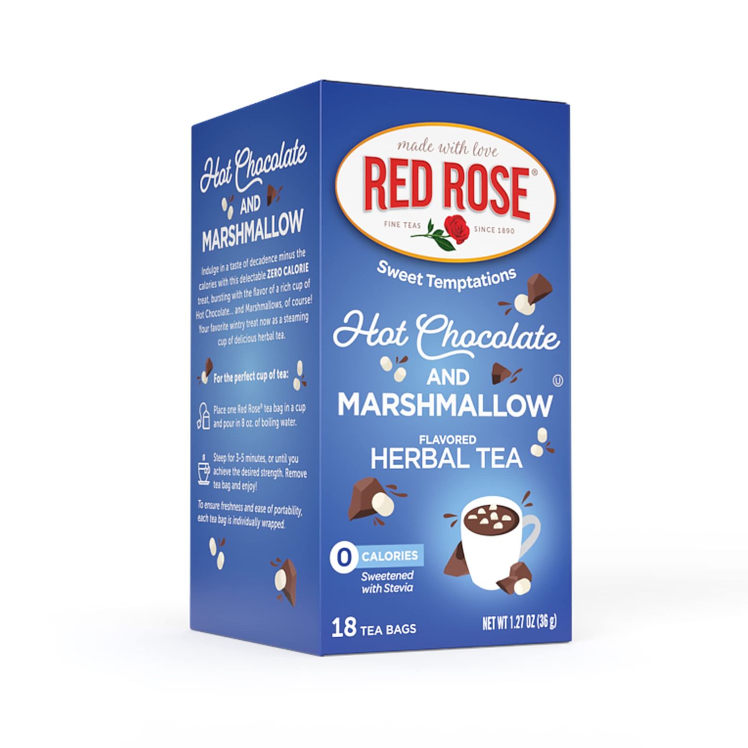 Red Rose Sweet Temptations Dessert Tea Hot Chocolate with Marshmallow, Zero Carbs, Zero Sugar Bursting with Flavor Caffeine-Free Delicious Beverage Herbal Tea, 18 Count Naturally Flavored Herbal Tea