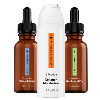 Open Formula Anti-aging Super Set. Glycolic Acid Peel Retinoid Serum Collagen Peptide Moisturizer. For Dark Spots Melasma, Lines Wrinkles, Loose Sagging Skin. 3 Products, 3 Minutes To Apply
