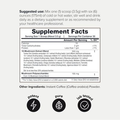 Mushroom Coffee - Ultra High Potency 10:1 Concentrated Extract - Colombian Sourced Beans with 10 Mushroom Blend, Lion's Mane Cordyceps - Rich Functional Coffee Alternative - Third-Party Lab Tested