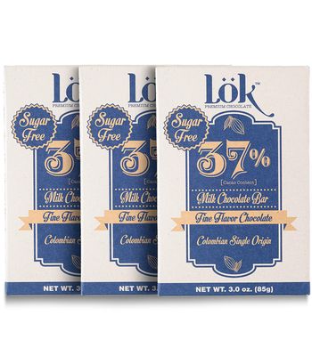 Lok Milk Chocolate Bar 37 Cacao Fair Trade, Kosher, Gluten Free, Bean-to-Bar, Sugar-Free L k 3.0 Ounce 3 Pack