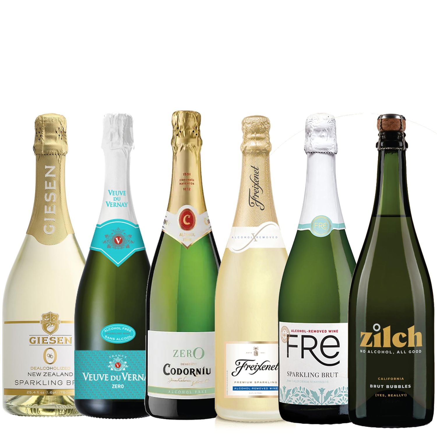 Sparkling Non-Alcoholic Wine Date Night Mixed 6 Pack Includes Freixenet, Zilch, Codorniu, Giesen, Veuve du Vernay and Fre 750ml Zero Alcohol Dealcoholized Champagne
