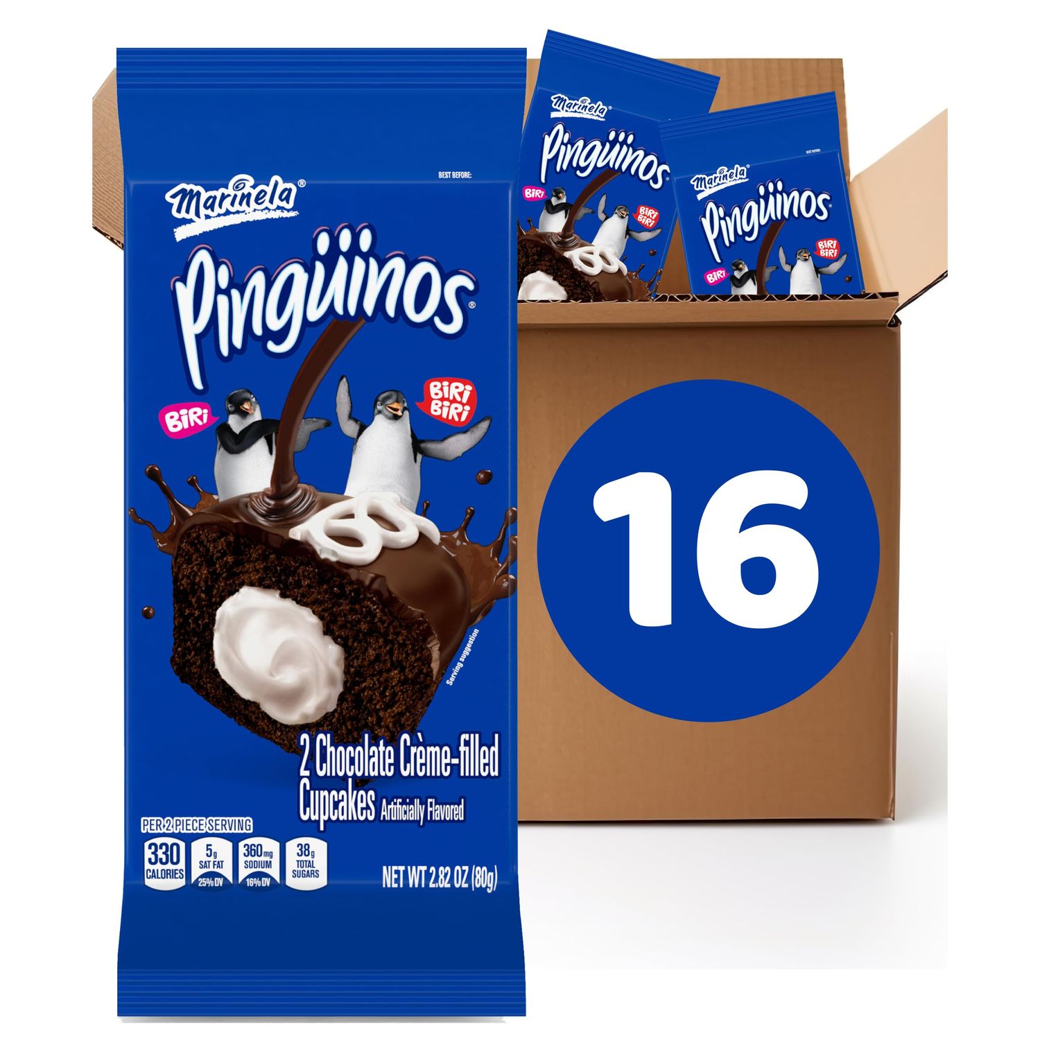 (Restock) Marinela Pinguinos Chocolate Cr me Filled Cupcakes, 16 individual packs, (2 ct each), Cupcakes, 45.12 oz Multipack