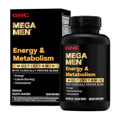 GNC Mega Men Energy Metabolism Multivitamin Caplets, Clinically Proven To Feel Better, Calorie Burn, Focus, 100mg Caffeine, Thermogenic, Immune, B Vitamins, Timed Release, 180 Count, 90 Day Supply