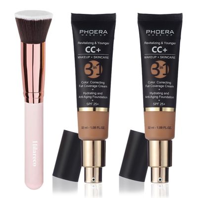 PHOERA CC Cream Foundation With SPF,PHOERA Full Coverage Foundation Color Correcting Cream,Anti Aging Hydrating Serum SPF 25 Sunscreen Natural Finish1.08 floz(2PCS 160 Sand)