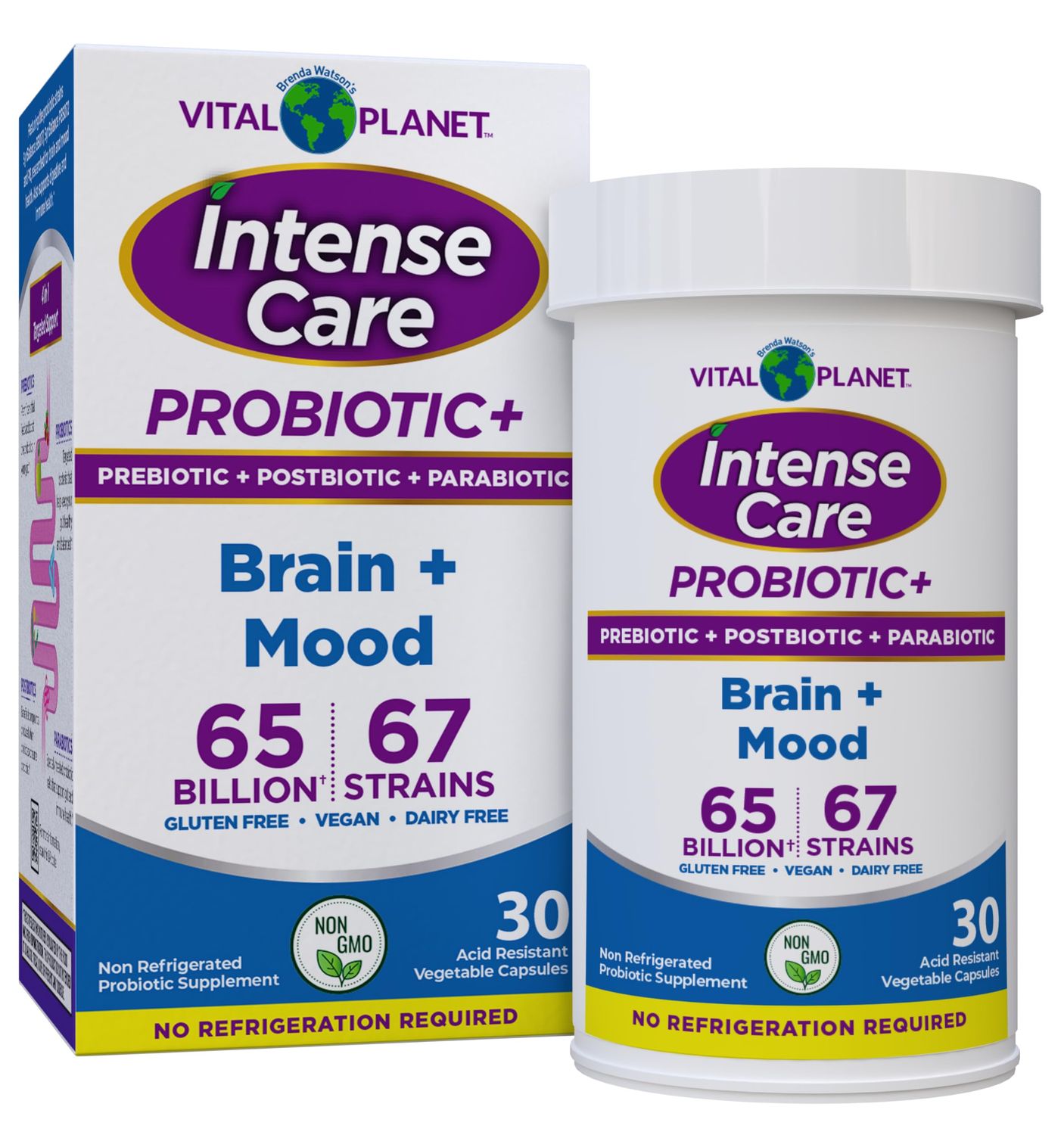 Vital Planet - Intense Care Brain Mood Probiotics, Organic Prebiotics, Postbiotics, Parabiotics, Complete 4-in-1 Health Supplement for Adults, 65 Billion CFU, 67 Strains, Digestive and Immune 30 ct