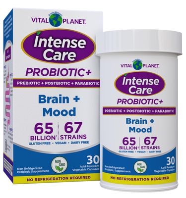 Vital Planet - Intense Care Brain Mood Probiotics, Organic Prebiotics, Postbiotics, Parabiotics, Complete 4-in-1 Health Supplement for Adults, 65 Billion CFU, 67 Strains, Digestive and Immune 30 ct